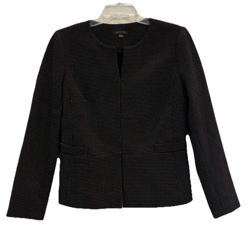 Ann Taylor Blazer Collarless 3/4 sleeve Black White Microdot Size 6